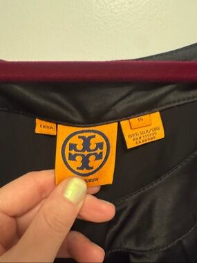 Tory Burch Black Silk Jacket with Orange Logo Tag and Navy Emblem
